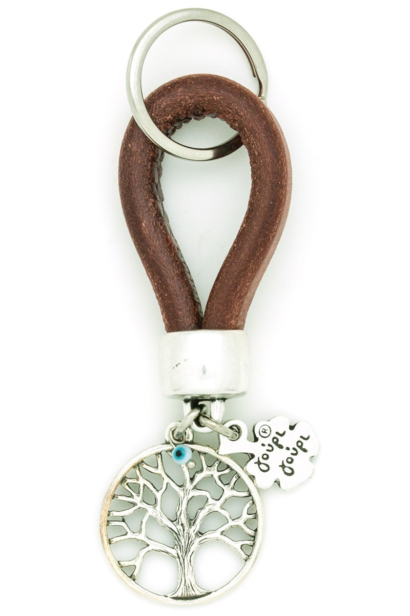 brown leather keyring with tree