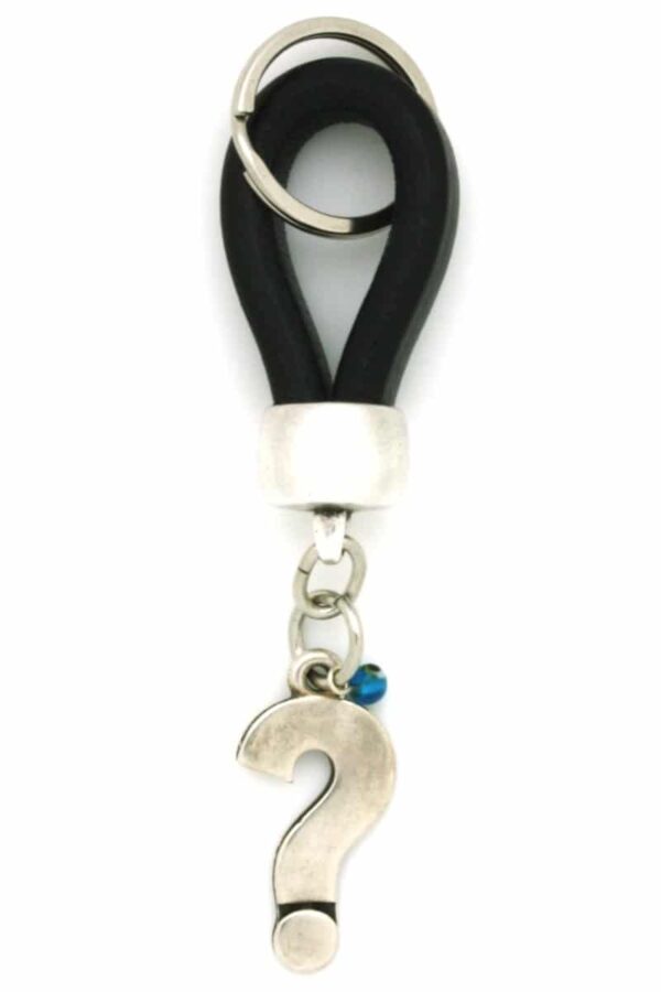 black leather keyring with question mark