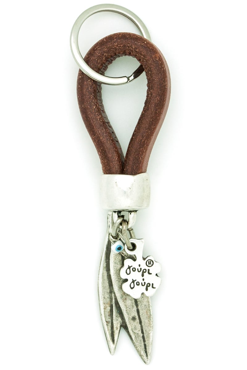 brown leather keyring with olive tree leaves