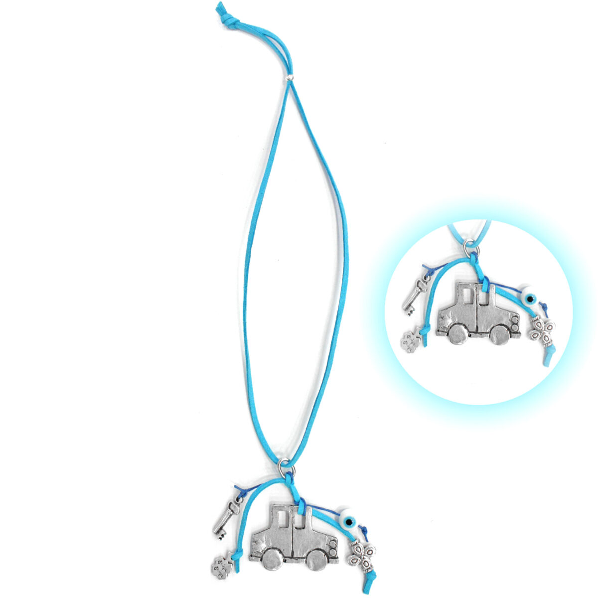 light blue rearview mirror charm with silver-plated car