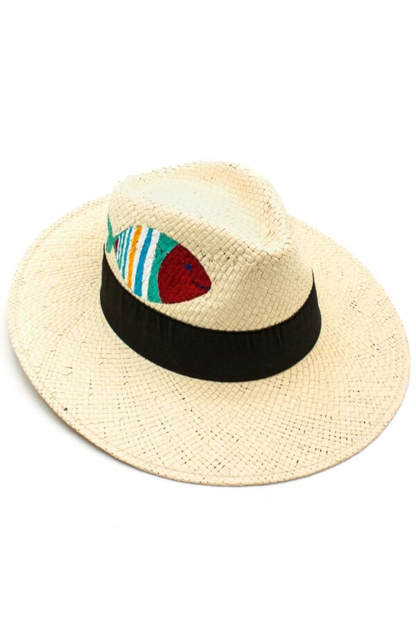 beige Panama style summer straw hat for women with fish