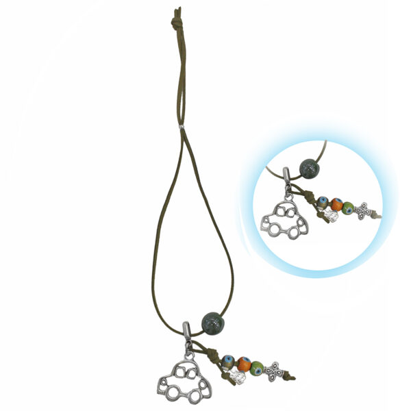 green rearview mirror charm with wooden evil eye