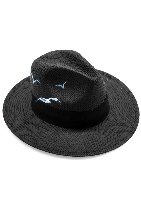 black, Panama style, summer straw hat with seagull