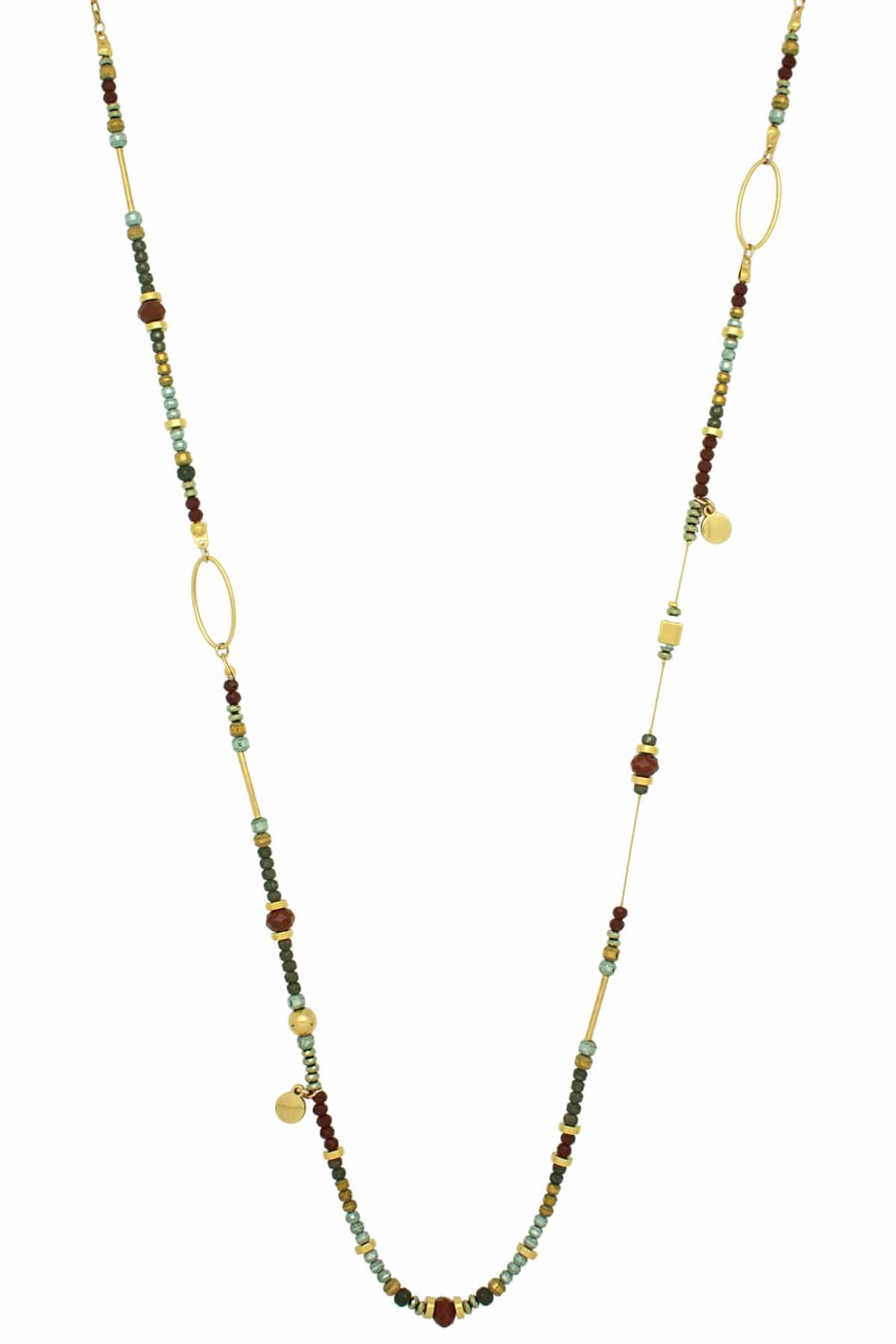 long asymmetric necklace with red multi-faceted beads