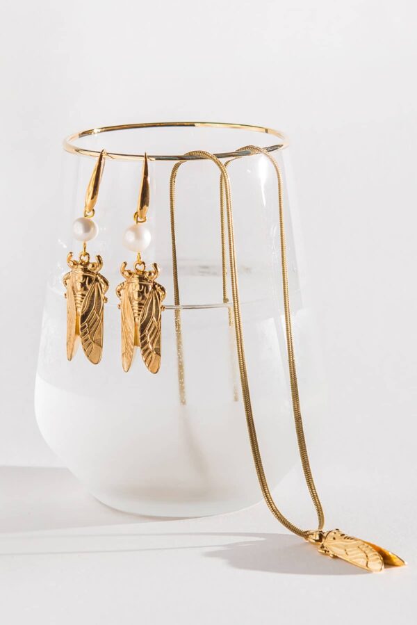 summer necklace and earrings with gold-plated cicada