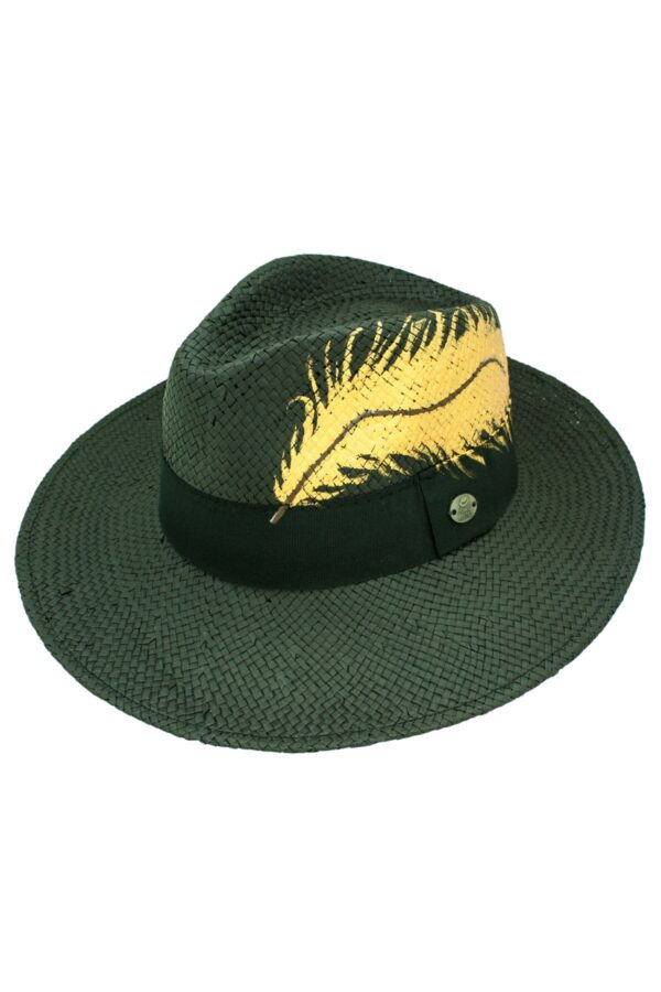μαύρο ψάθινο καπέλο, στυλ Panama, με χρυσαφί φτερό