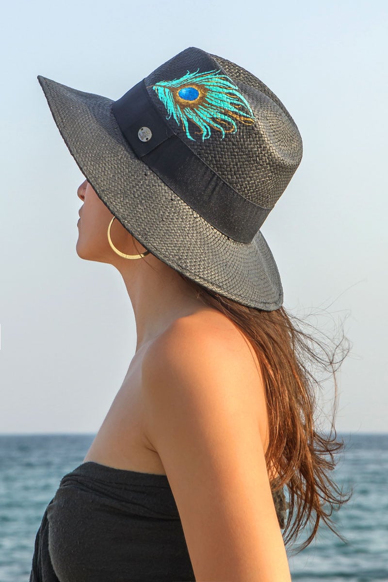 black, Panama style, summer straw hat with peacock feather