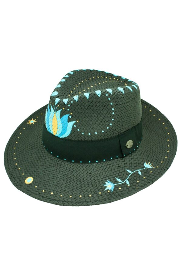 μαύρο ψάθινο καπέλο, στυλ Panama με σχέδιο στο χέρι