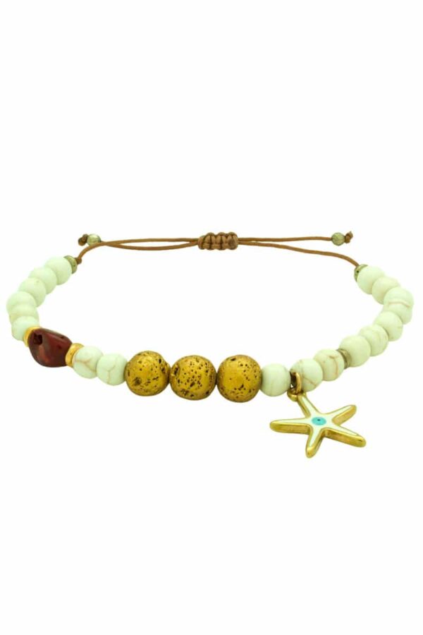 bracelet with starfish and three golden beads
