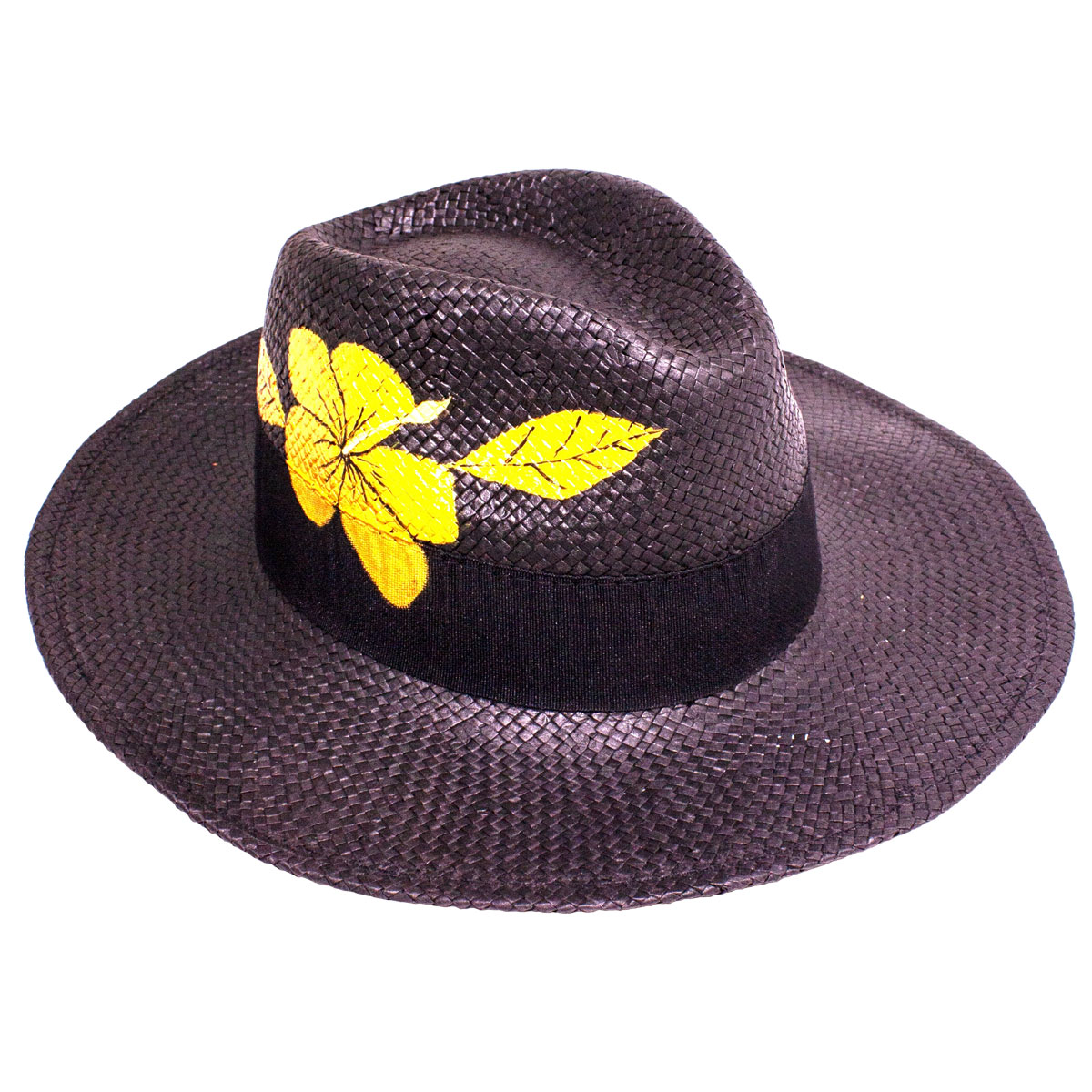 Panama style, summer straw hat, black with hand drawn flower and leaves