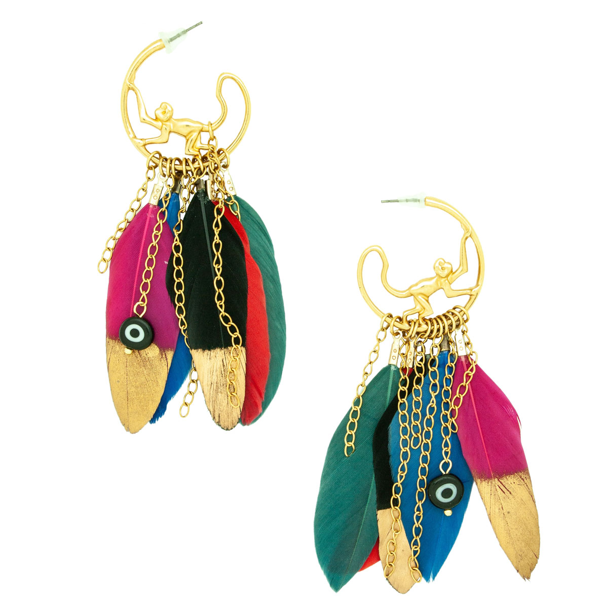 earrings with monkey and feathers