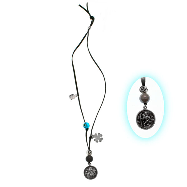 black rearview mirror charm with silver-plated pendant
