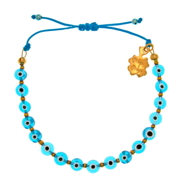 bracelet with light blue evil eyes and hematite beads