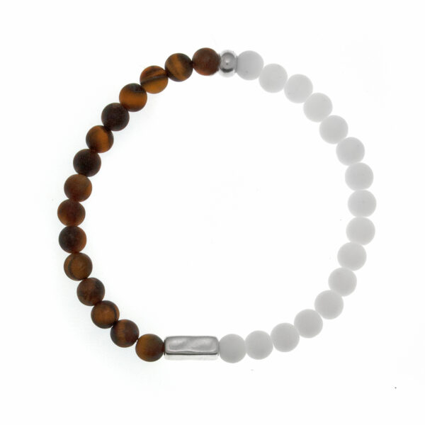 men's bracelet with silver-plated tube, tiger eye and porcelain beads