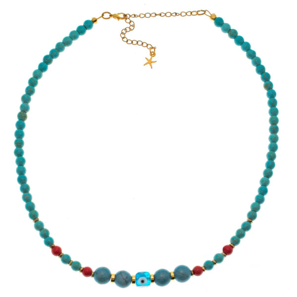 necklace with semi-precious stones and evil eye